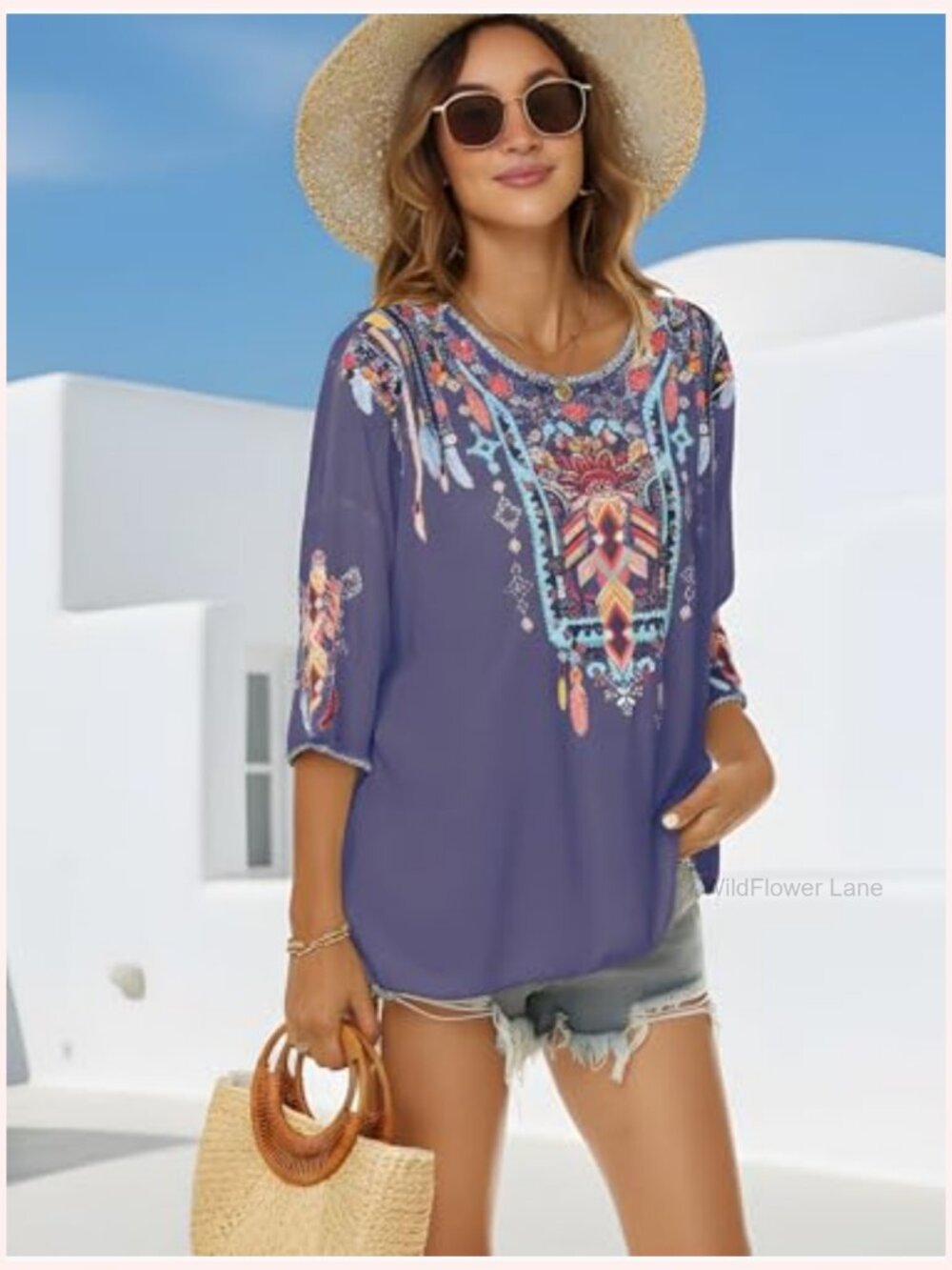 Mexican Embroidered Bohemian Tunic Top 3/4 Sleeve Rayon Plus Size - Picture 5 of 5